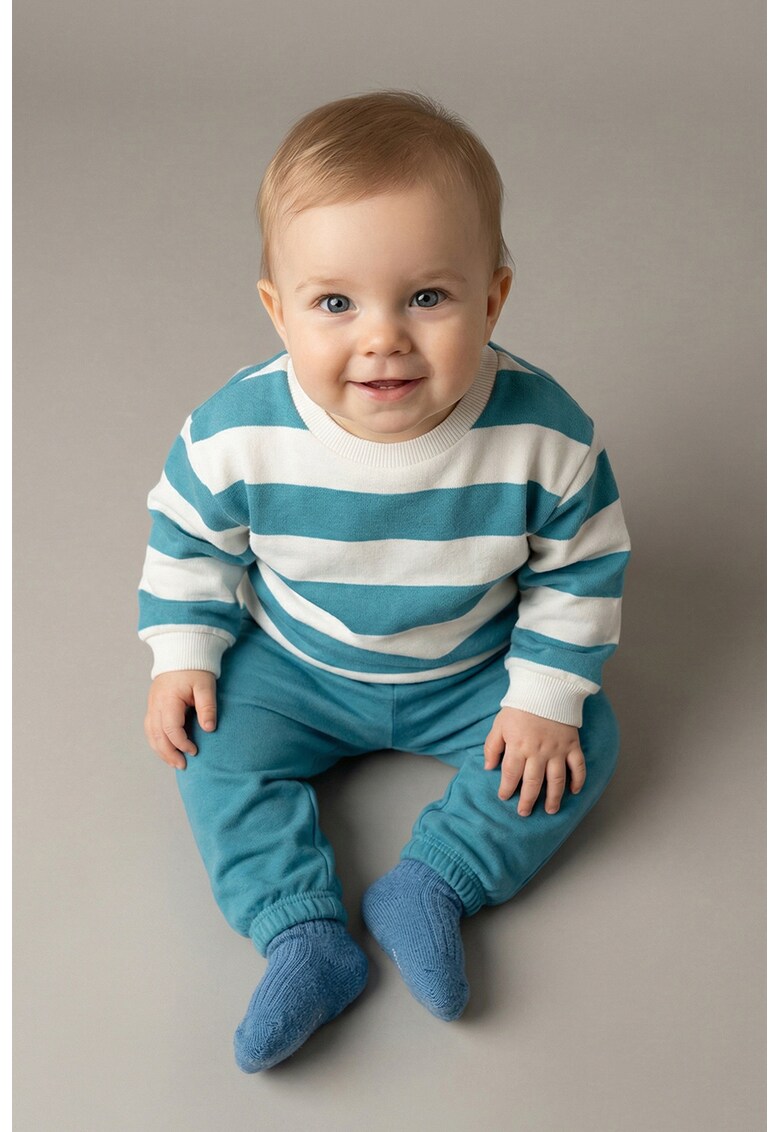 Trening din bumbac cu pantaloni lungi si bluza de trening cu dungi - Alb/Albastru deschis