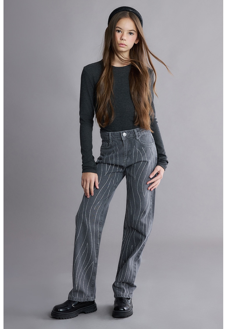 Blugi drepti cu aplicatii din strasuri - Alb/Gri cenusiu