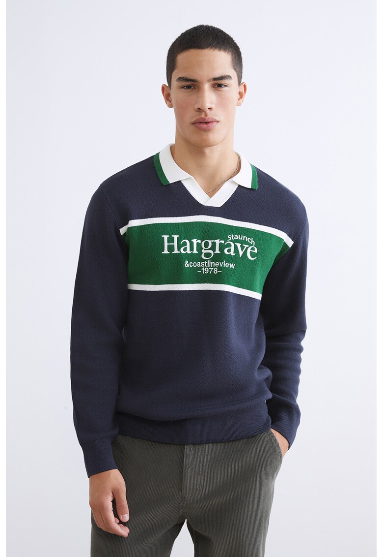 Bluza de trening cu guler polo si garnituri contrastante - Alb/Verde/Albastru indigo