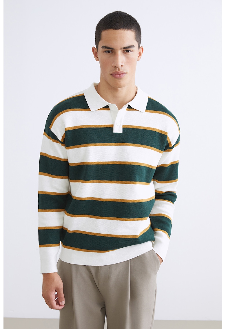 Pulover polo cu dungi - Alb/Verde englez/Caramel