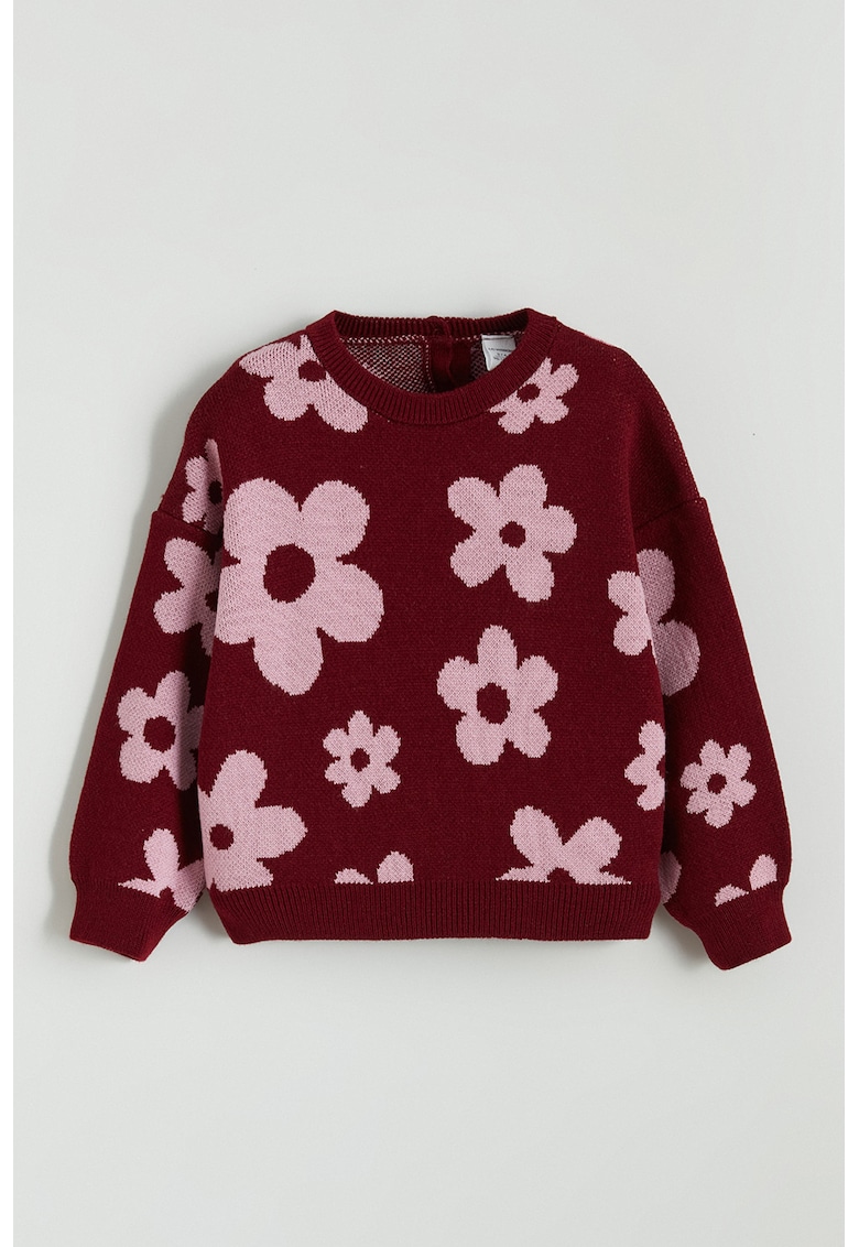 Pulover cu model floral - Visiniu/Roz pastel