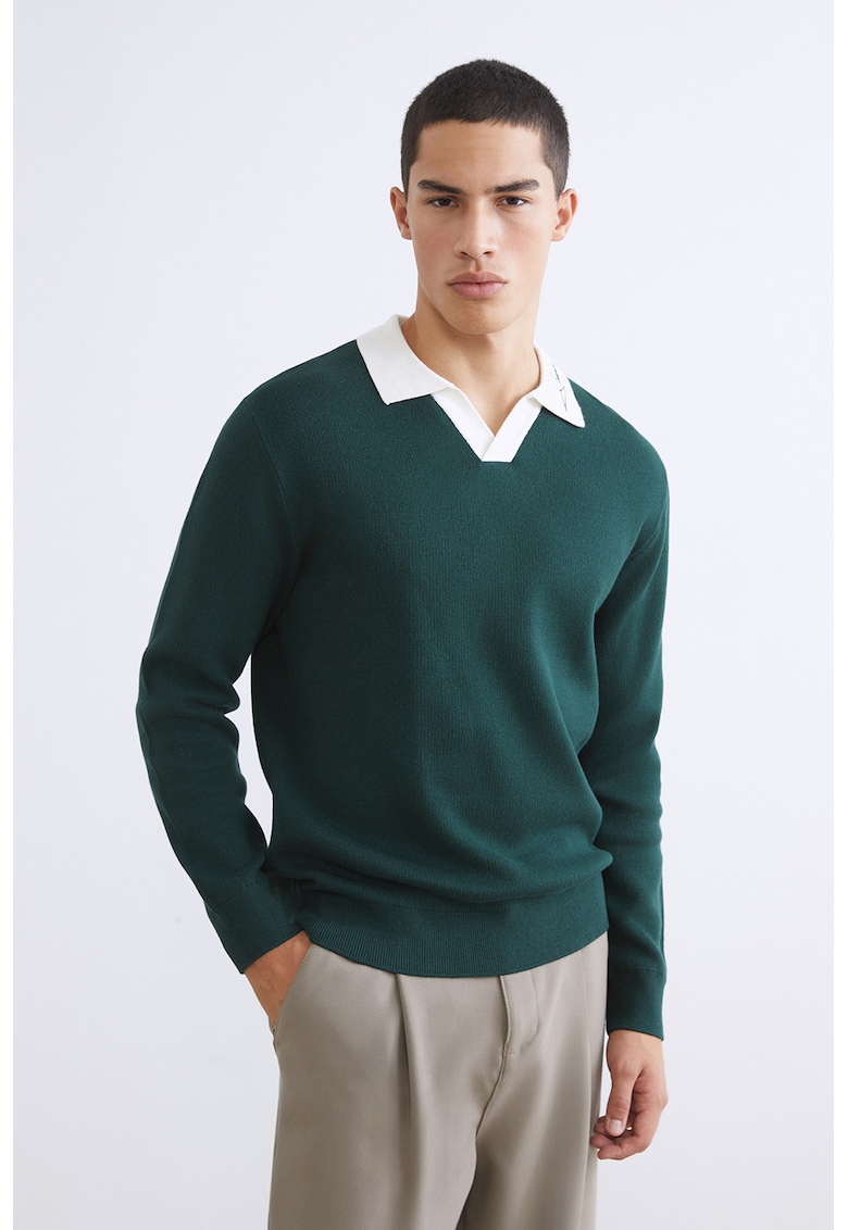 Pulover polo tricotat fin - Alb/Verde englez