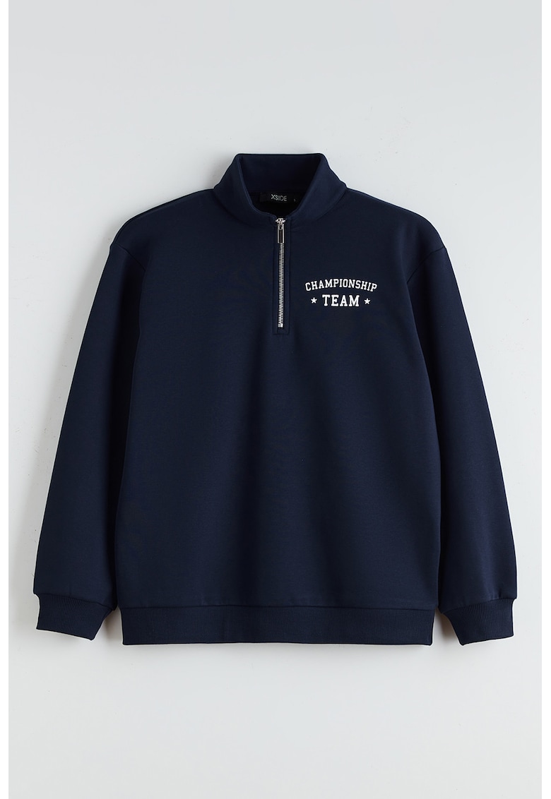 Bluza de trening cu fermoar scurt si imprimeu text - Albastru ultramarin