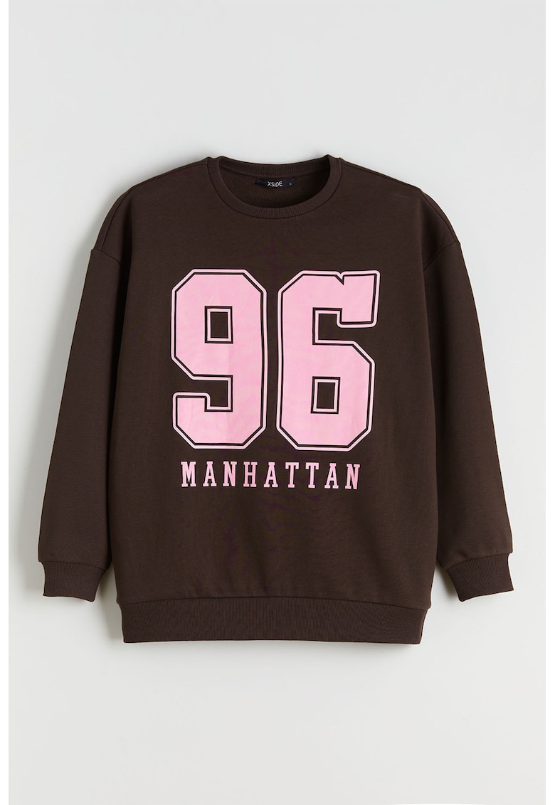 Bluza de trening cu imprimeu si maneci cazute - Maro inchis/Roz