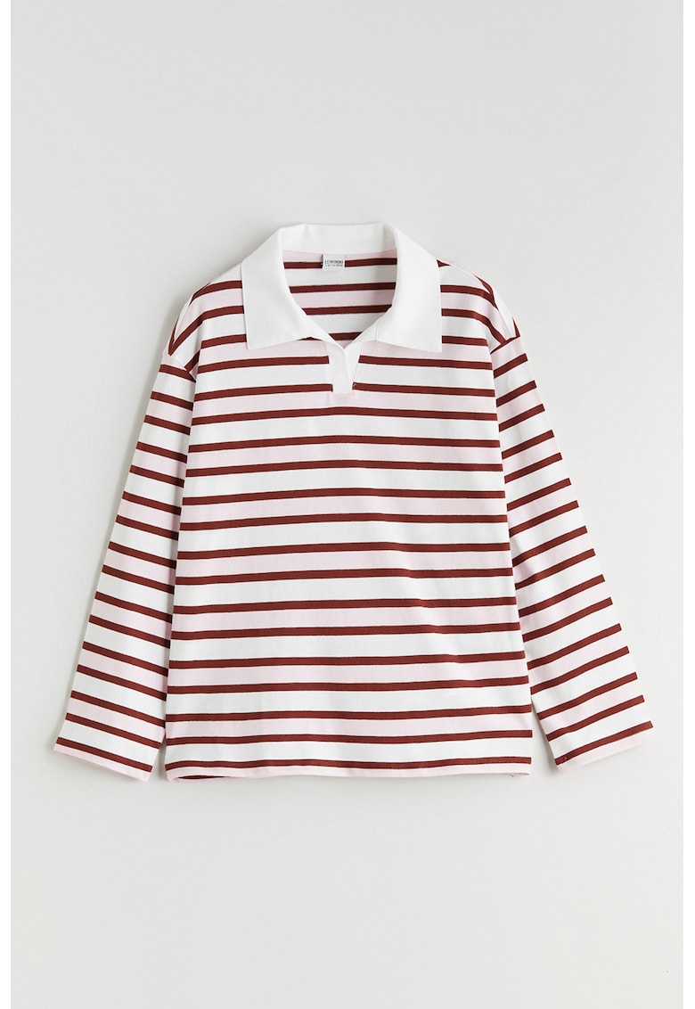 Bluza polo de bumbac cu dungi - Visiniu/Roz pal