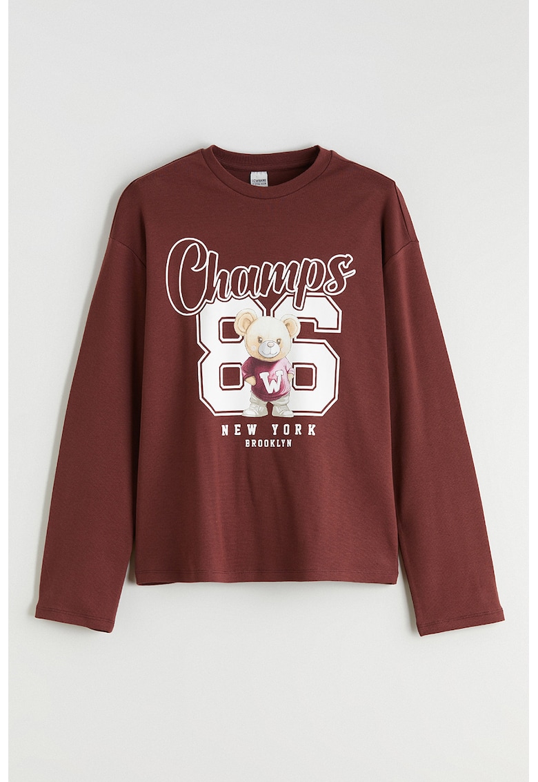 Bluza din amestec de bumbac cu imprimeu text si grafic - Alb/Maro