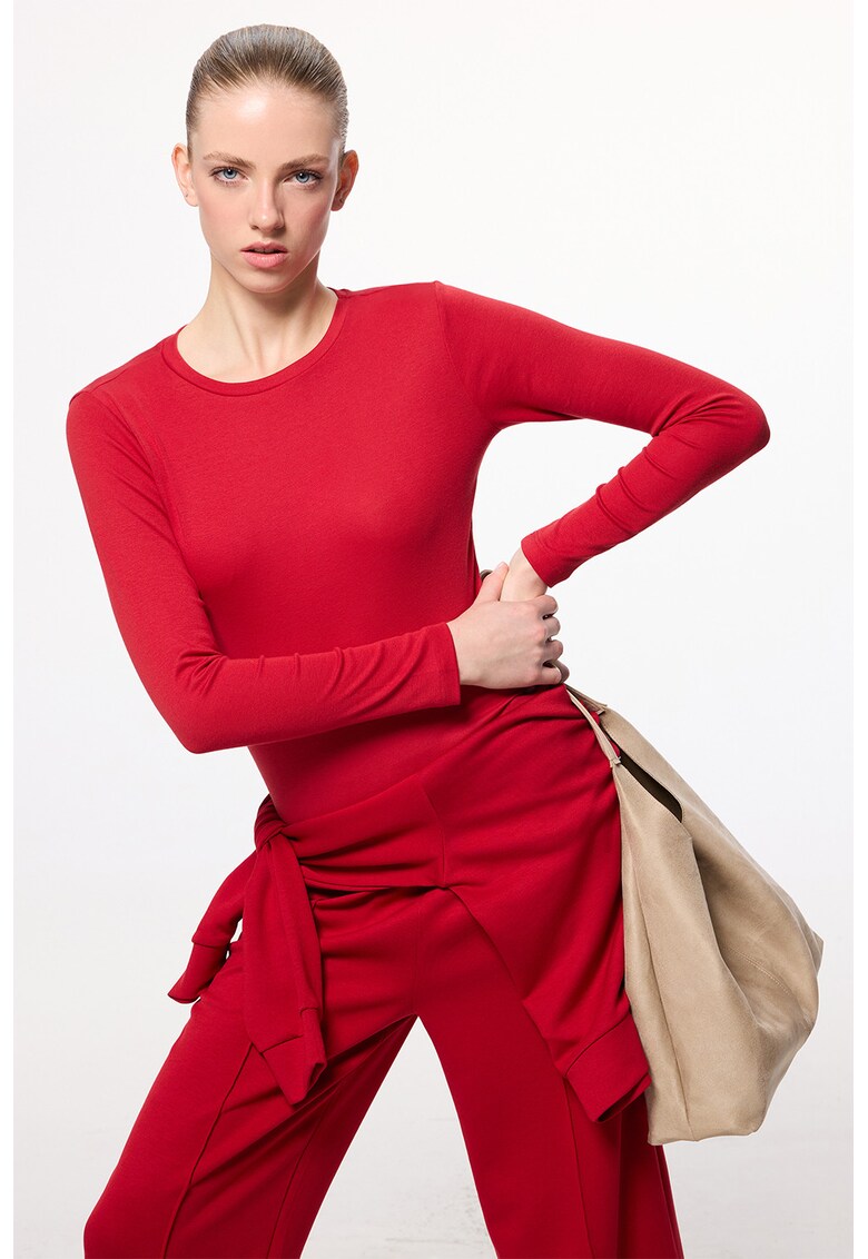 Bluza slim fit din amestec de modal cu decolteu rotund - Rosu