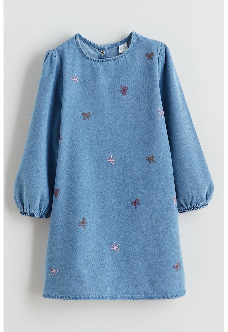 Rochie din denim cu funde brodate - Albastru pastel