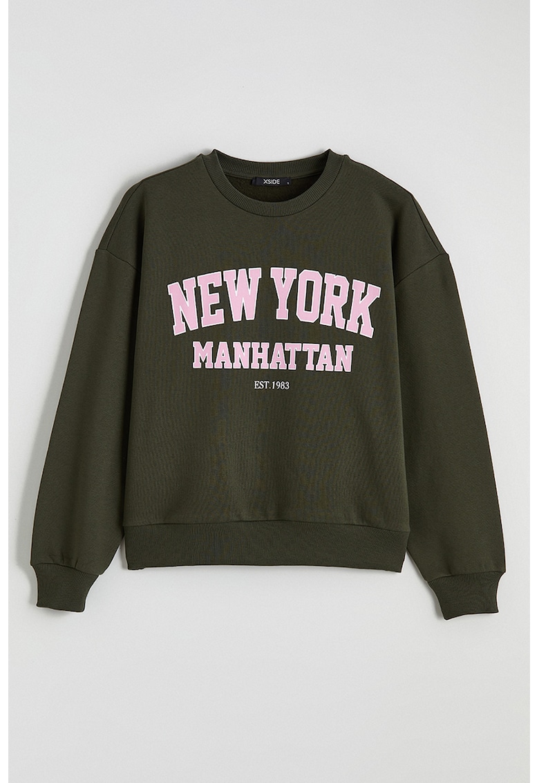 Bluza de trening cu decolteu la baza gatului si imprimeu text - Kaki