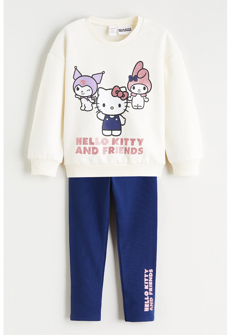 Set de bluza si pantaloni cu imprimeu Hello Kitty - 2 piese - Alb/Albastru