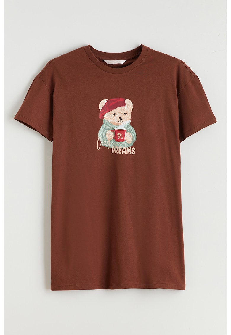 Camasa de noapte cu imprimeu si decolteu la baza gatului - Maro scortisoara