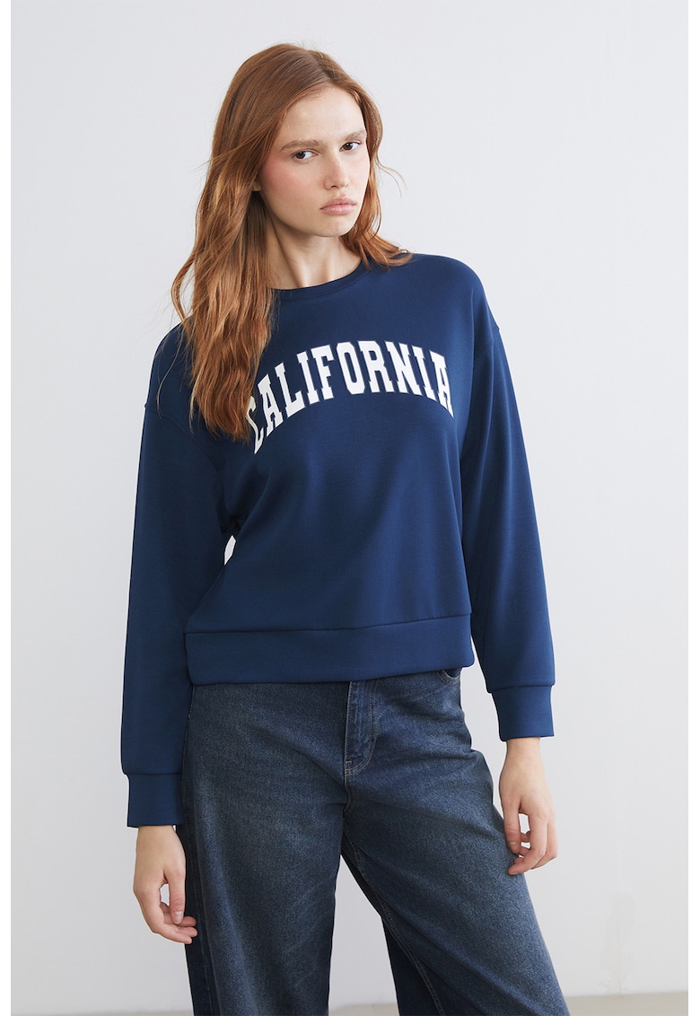 Bluza de trening cu maneci cazute si imprimeu - Albastru inchis