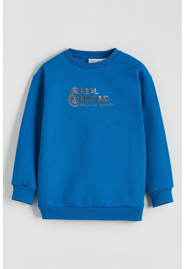 Bluza de trening cu decolteu la baza gatului si imprimeu text - Albastru royal