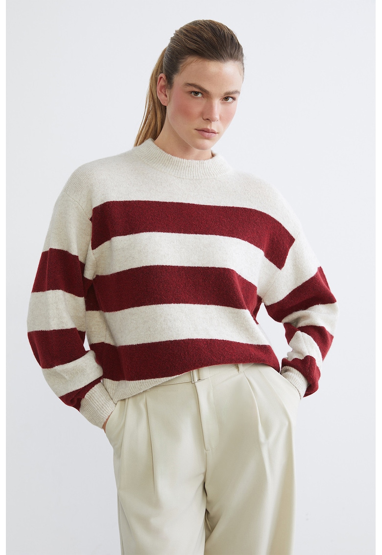 Pulover cu maneci cazute si dungi - Rosu inchis/Alb murdar