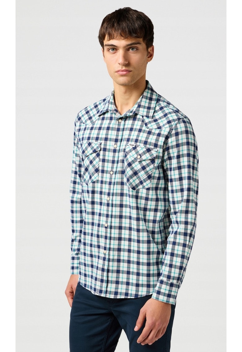 Camasa barbati - camasa albastra din bumbac - regular fit - maneca scurta - fermoar