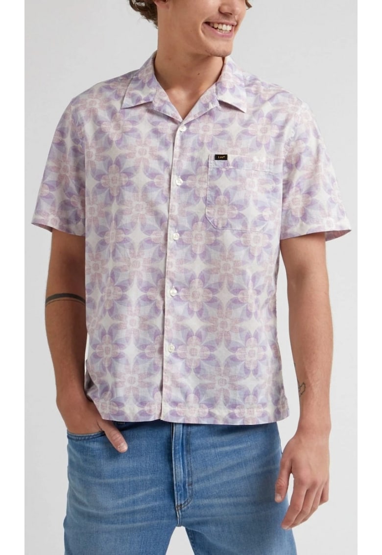 Camasa Resort Relaxed Fit - bumbac - model floral geometric alb-violet - gri - maneca scurta -