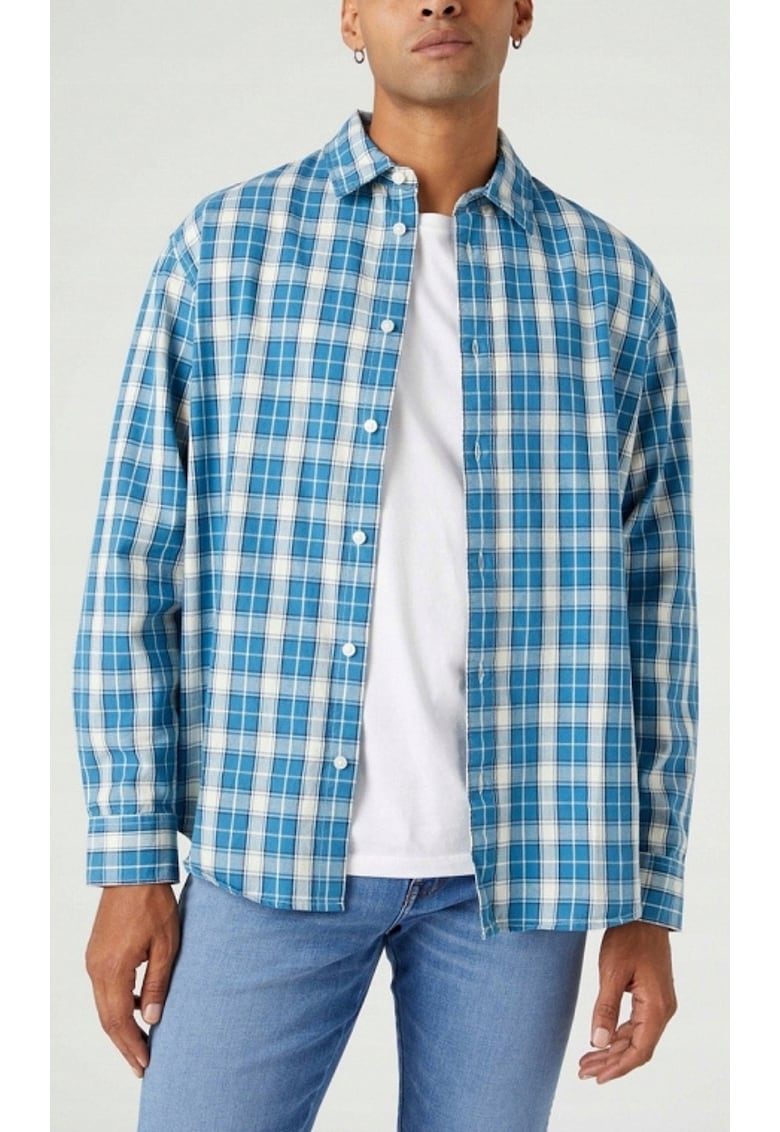 Camasa barbati - supradimensionata - bumbac - albastru - maneca scurta - fermoar si nasturi -