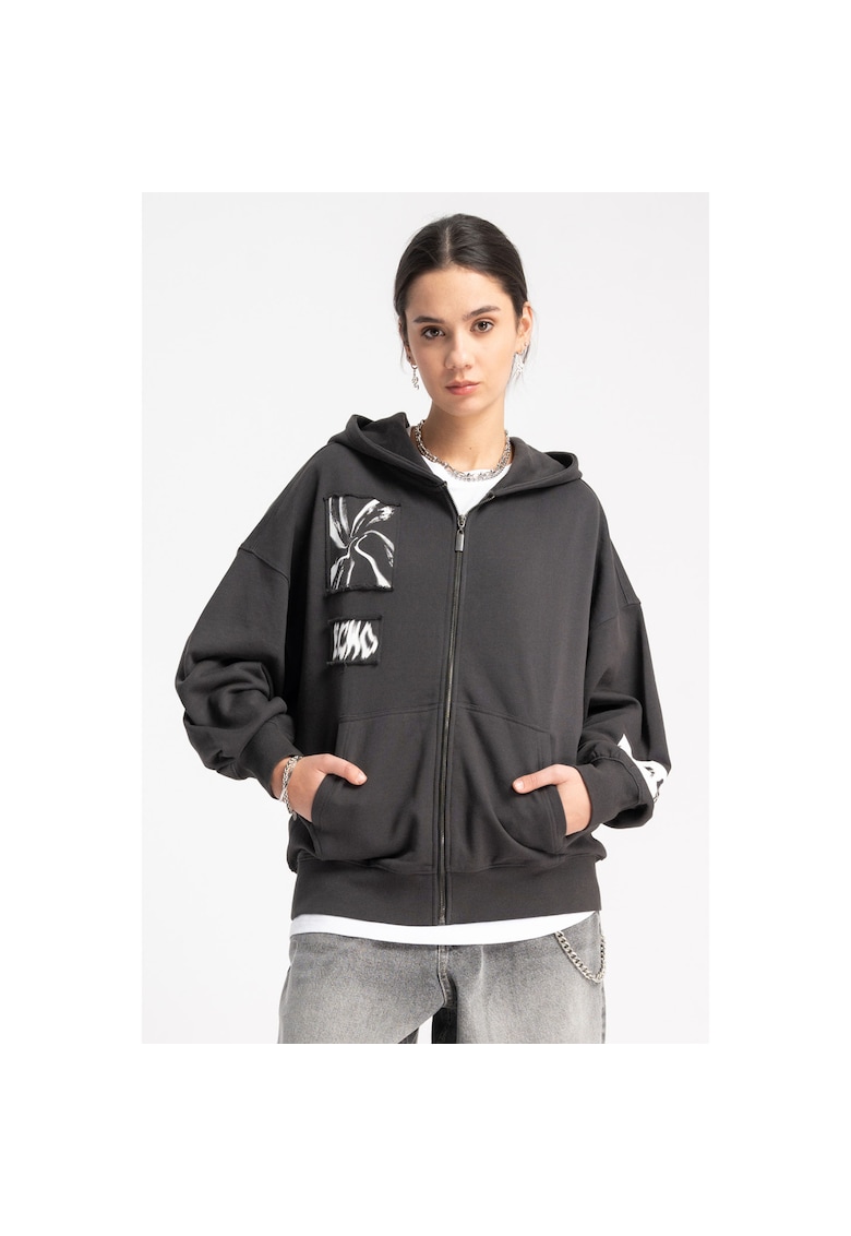 Hanorac din bumbac cu fermoar si imprimeu in fata