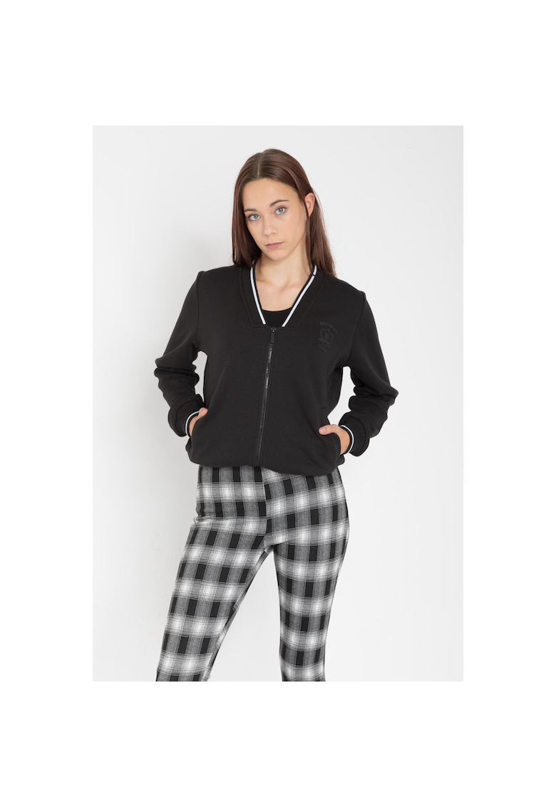 Bluza de trening cu fermoar si decolteu in V - Negru