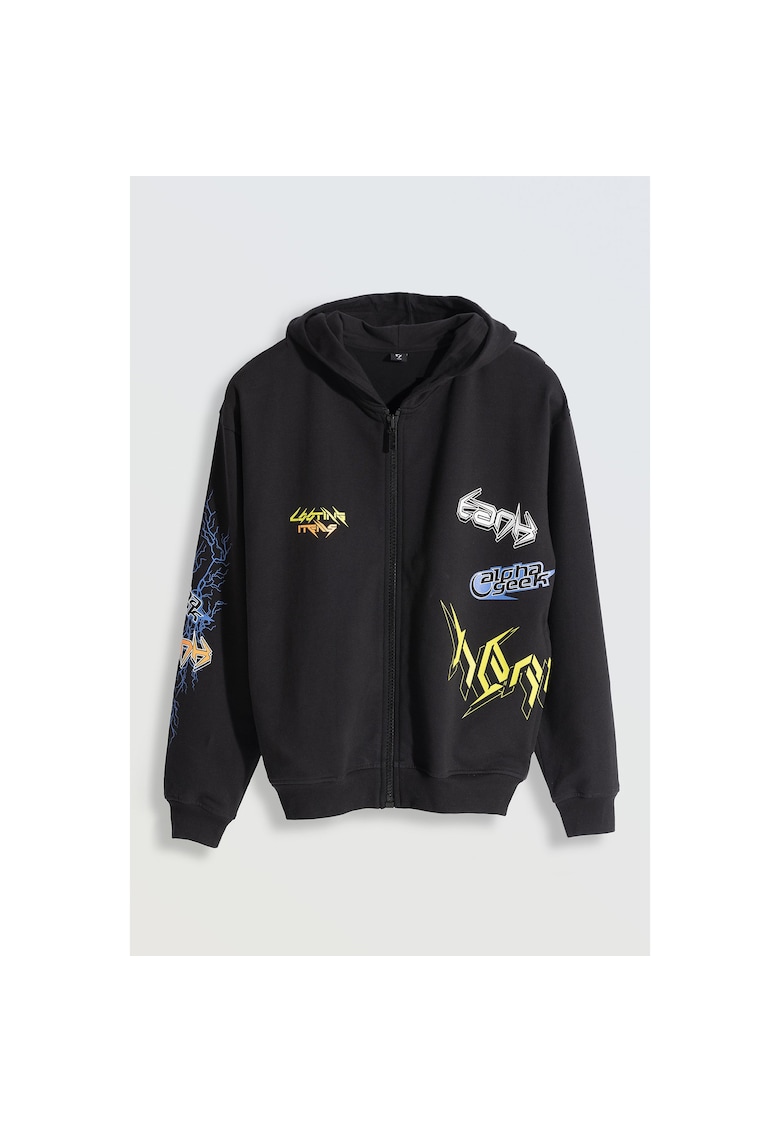 Hanorac lejer cu fermoar si imprimeu contrastant