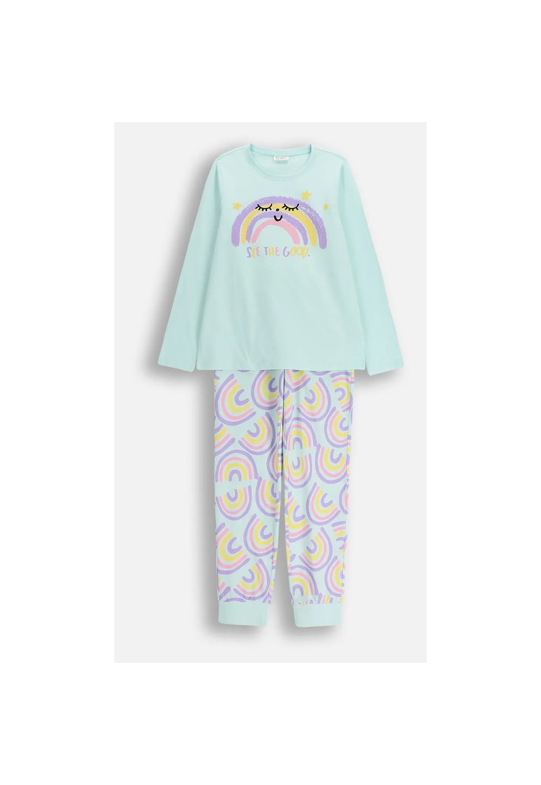 Pijama din bumbac cu talie elastica si imprimeu cu grafic