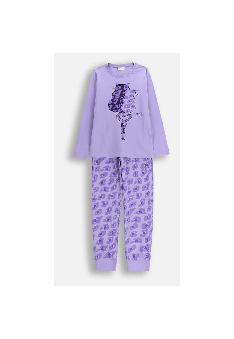 Pijama lunga din bumbac cu imprimeu cu pisici