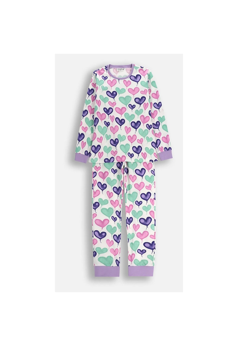 Pijama lunga din bumbac cu imprimeu cu inimioare