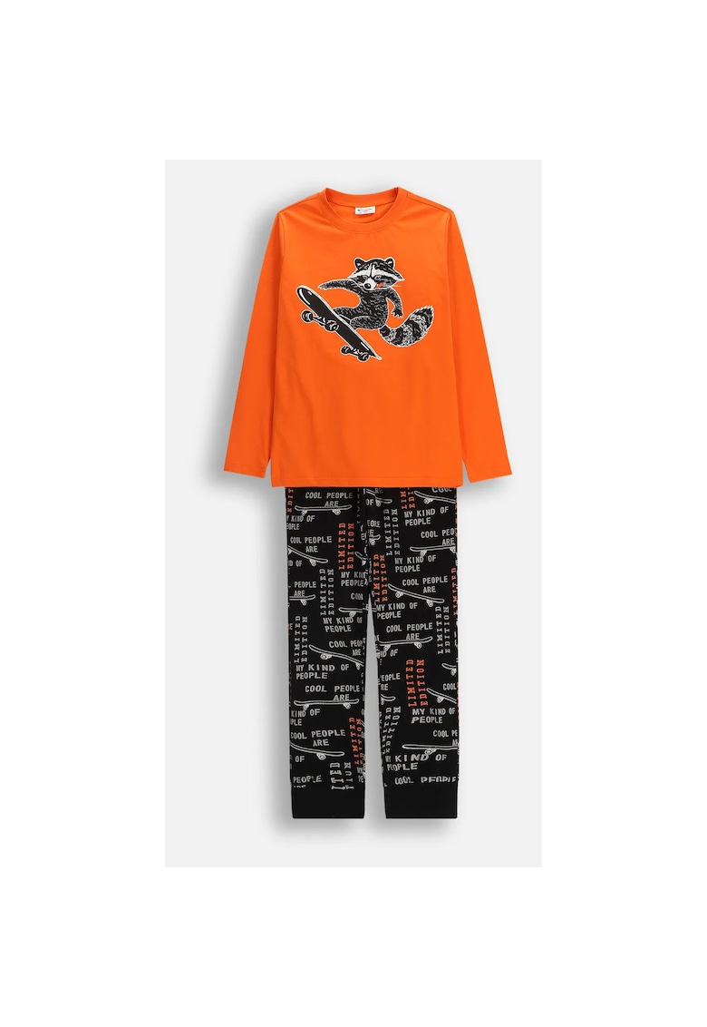 Pijama din bumbac cu imprimeu text si grafic