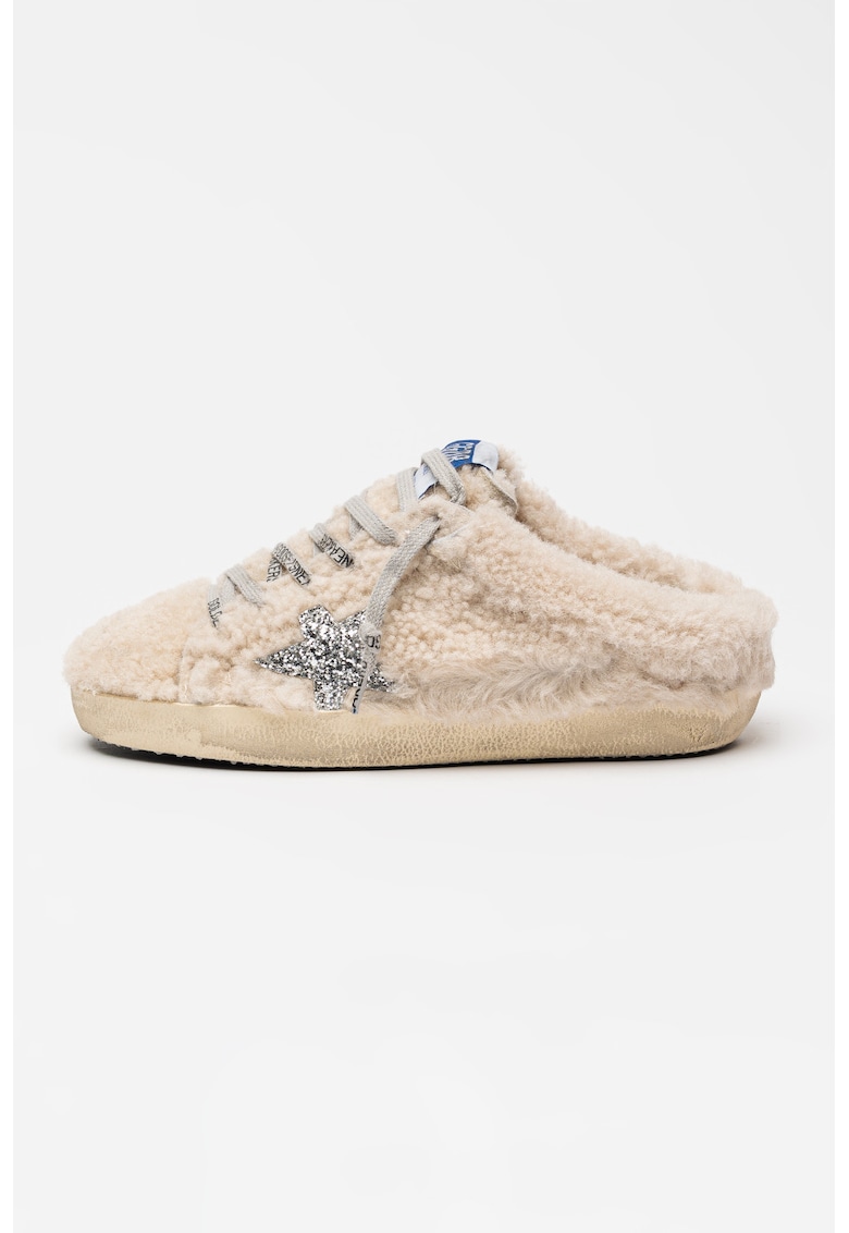 Saboti din blana shearling Super Star cu aplicatie cu stea stralucitoare - Crem