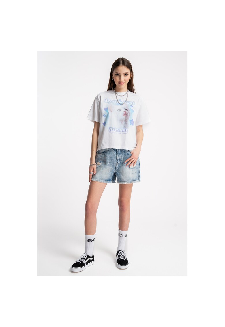 Blugi scurti cu croiala dreapta si aspect decolorat - Albastru