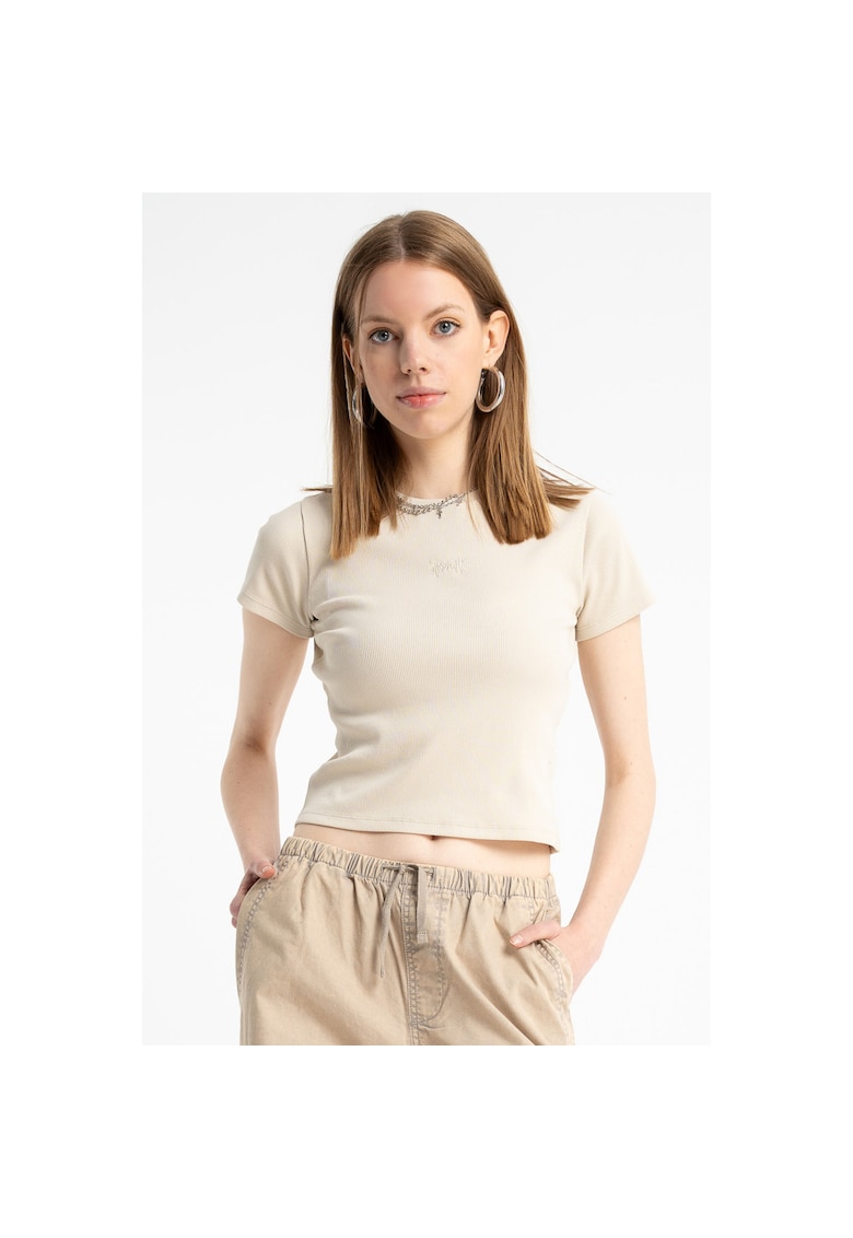 Tricou crop cu decolteu rotund - Crem