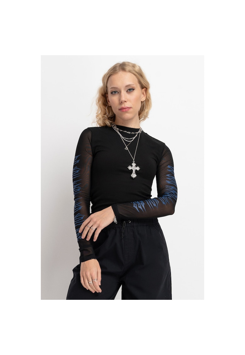 Bluza slim fit cu maneci din dantela transparenta -