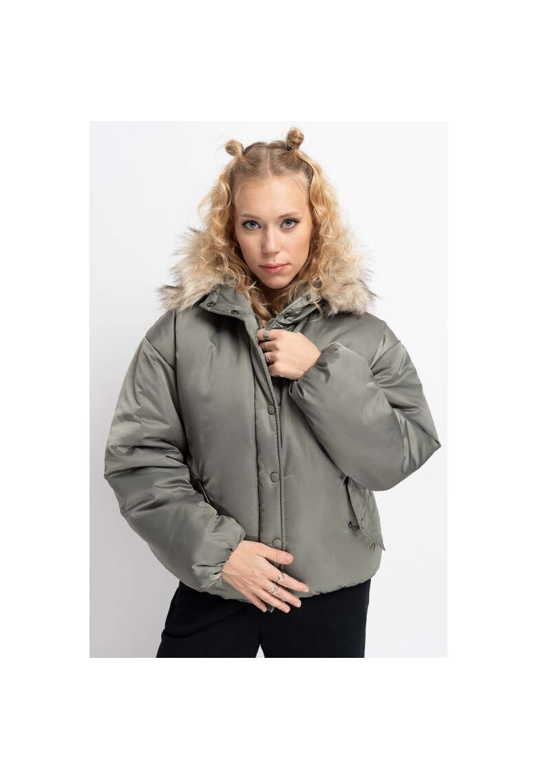 Jacheta uni cu gluga si garnitura din blana sintetica -