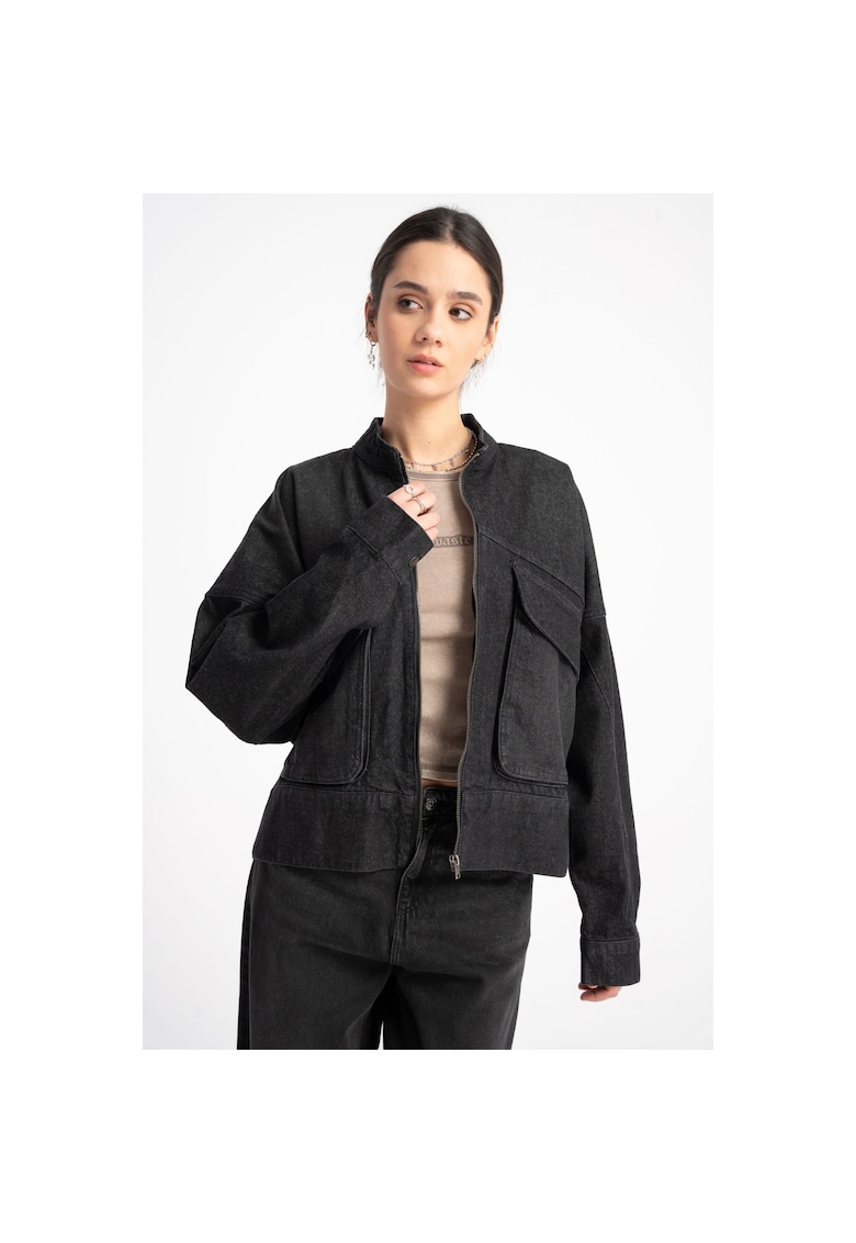 Jacheta din denim cu guler baseball - Negru