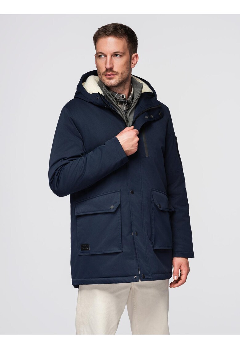 Geaca lunga tip parka in stil sherpa OM-JAPJ-0316 - Albastru inchis