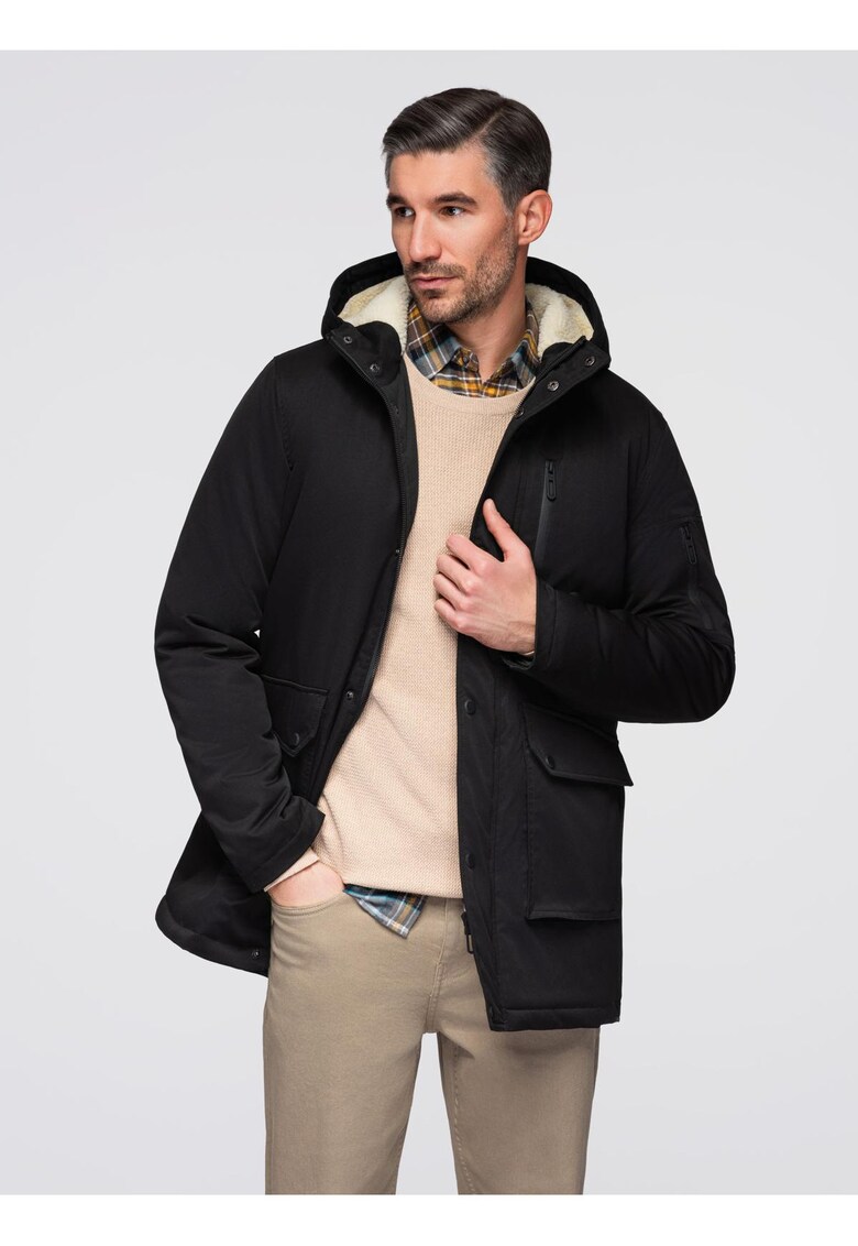 Geaca lunga tip parka in stil sherpa OM-JAPJ-0316 - Negru