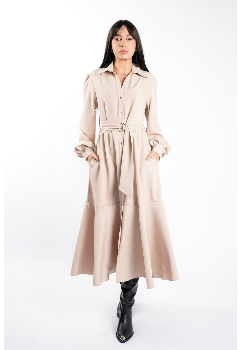 Rochie camasa cu cordon si fusta ampla - Nude