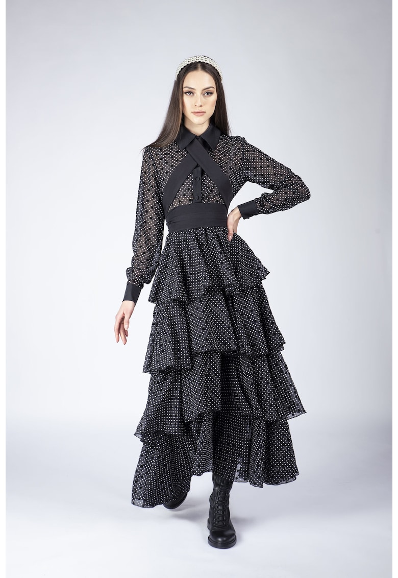 Rochie lunga cu volane ample si imprimeu polka dots