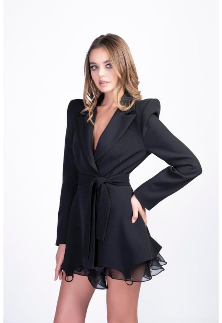 Rochie stil sacou cu inele - volane și umeri supradimensionati - Negru