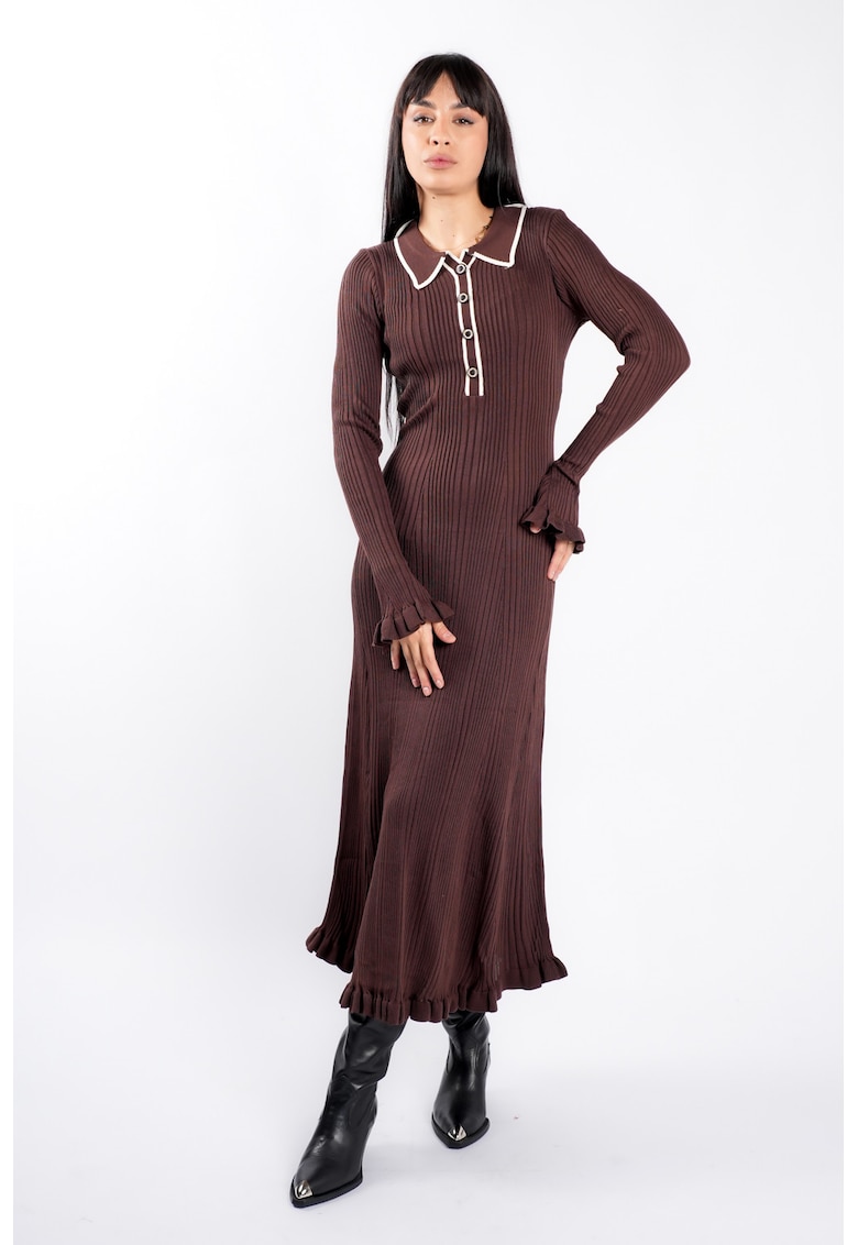 Rochie midi Brown cu guler contrastant - Maro