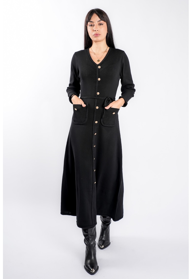 Rochie Black cu nasturi aurii si cordon impletit - Negru