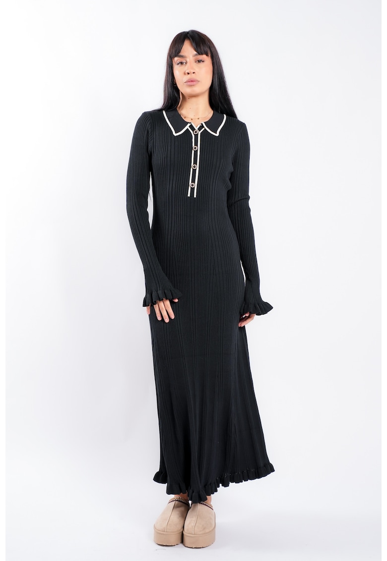 Rochie midi Black cu guler contrastant - Negru