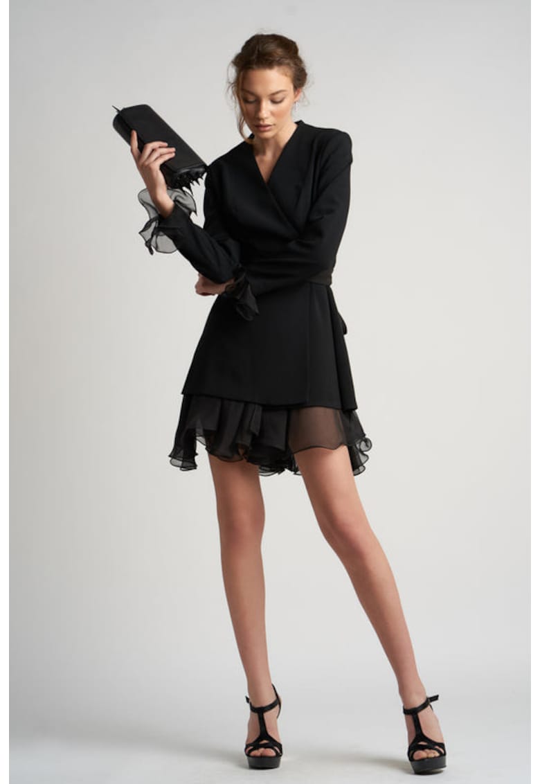 Rochie sacou cu volane din matase cu cordon - Negru