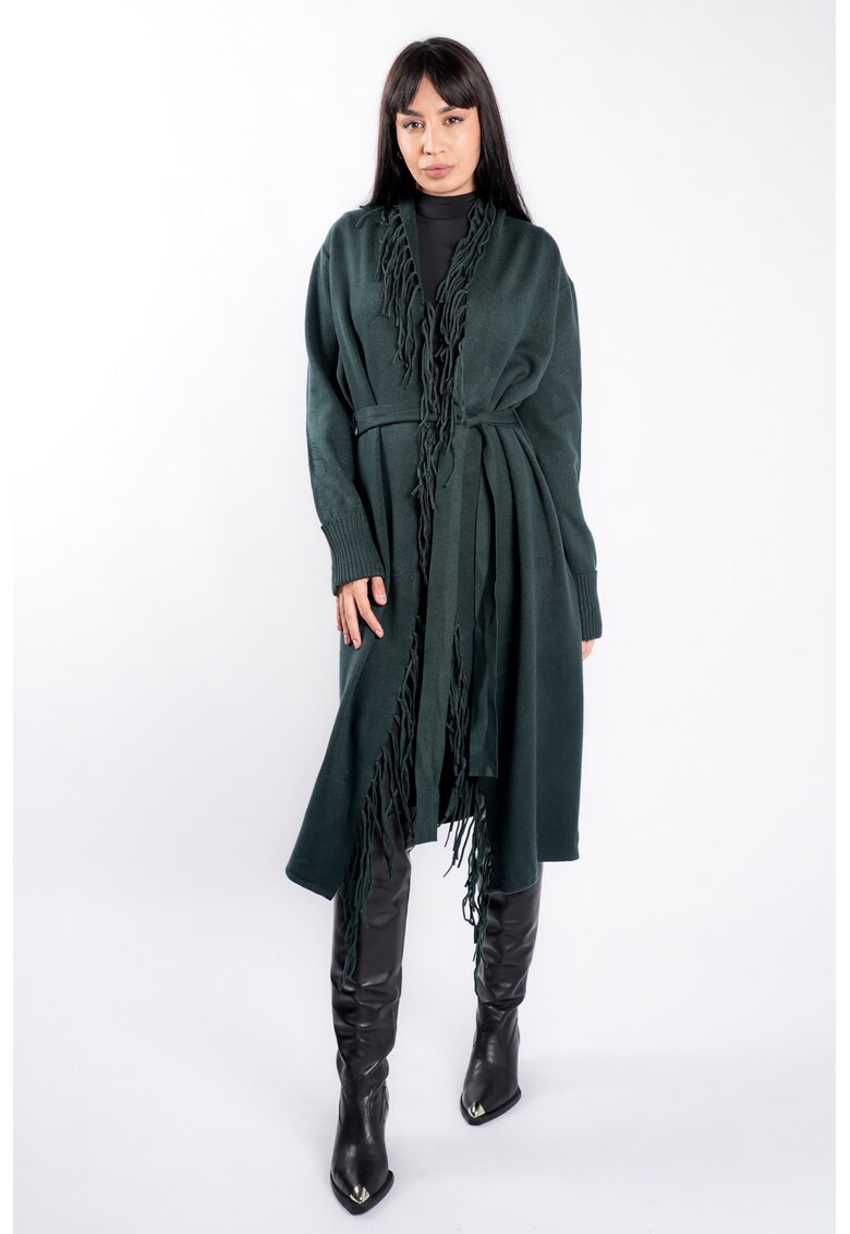 Cardigan Green din modal cu franjuri si cordon - Verde