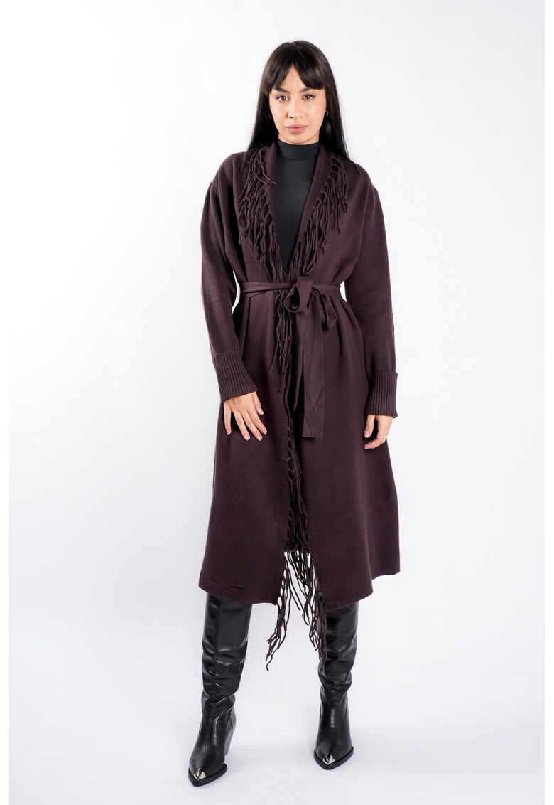Cardigan Brown din modal cu franjuri si cordon - Maro