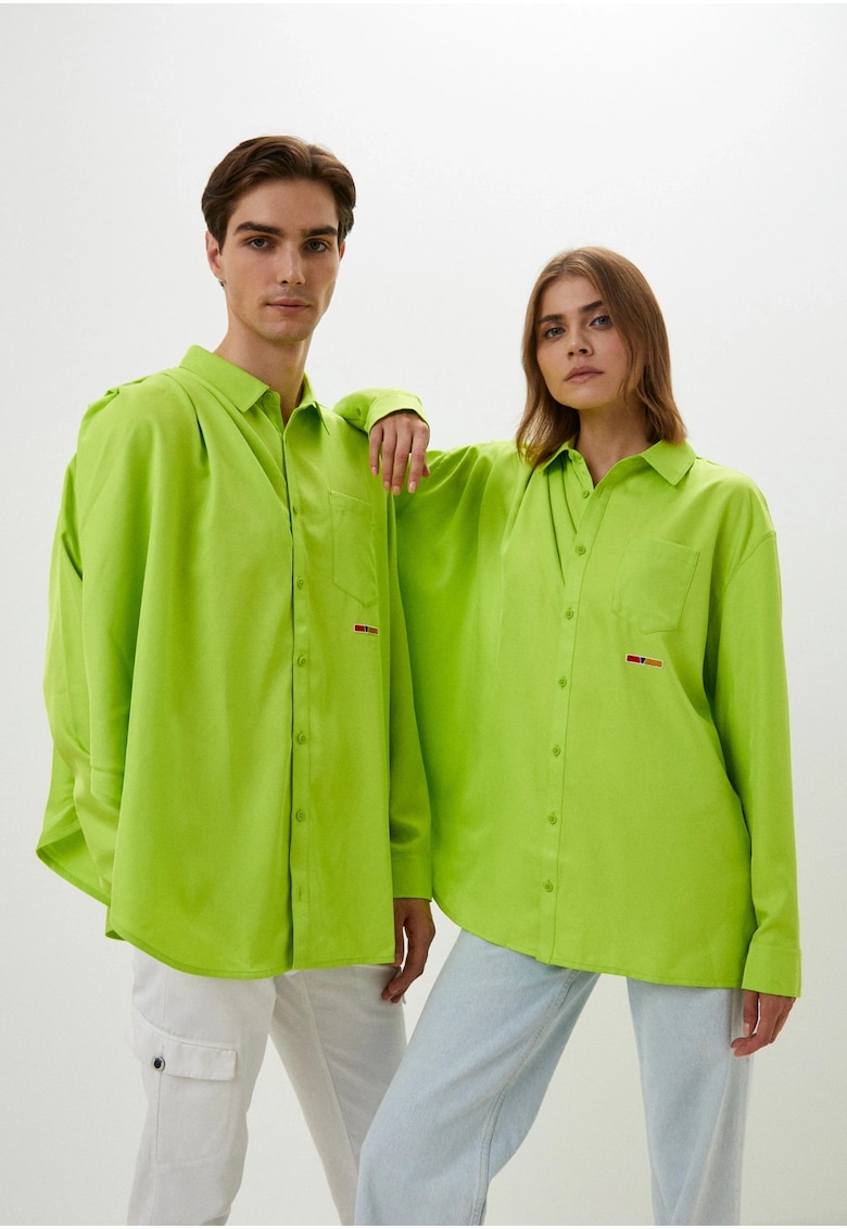 Camasa barbati - RCPM Draped Button Down - verde - poliester