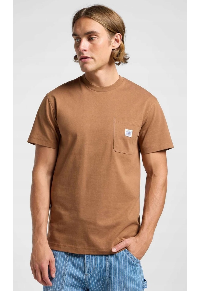 Tricou barbati supradimensionat - bumbac - maro - cu buzunar