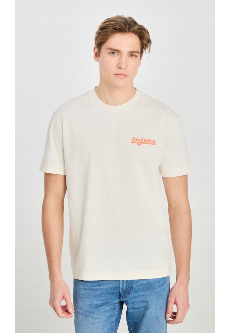 Tricou barbati - ecru - bumbac - imprimeu - croiala supradimensionata