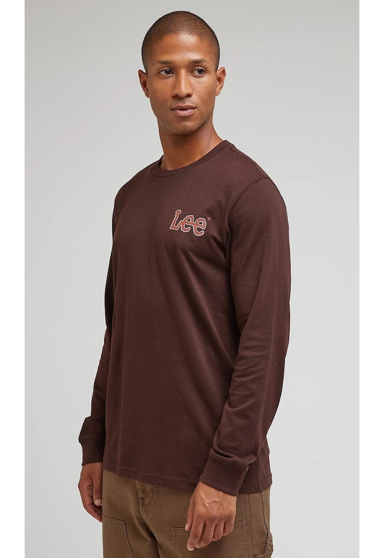 Tricou barbati Essentials LS Tee - regular fit - bumbac 100% - maro cu logo rosu-alb