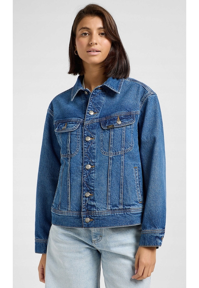 Geaca dama Loose Rider - denim - albastru inchis - croiala larga - imprimeu pe spate